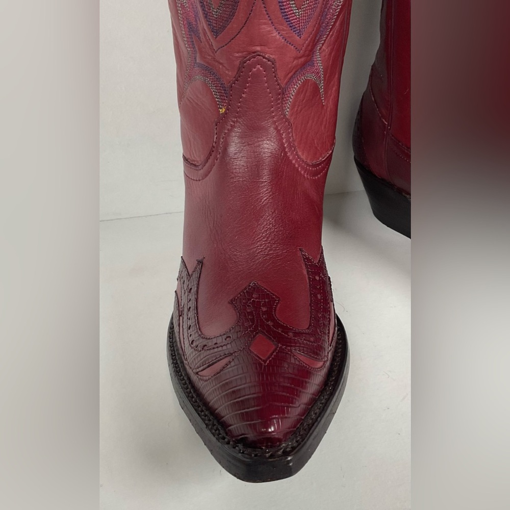 Tony Lama Lizard Wingtip Cowgirl Boots | Overlays | Cranberry | Women’s 6.5 M - Picture 10 of 16